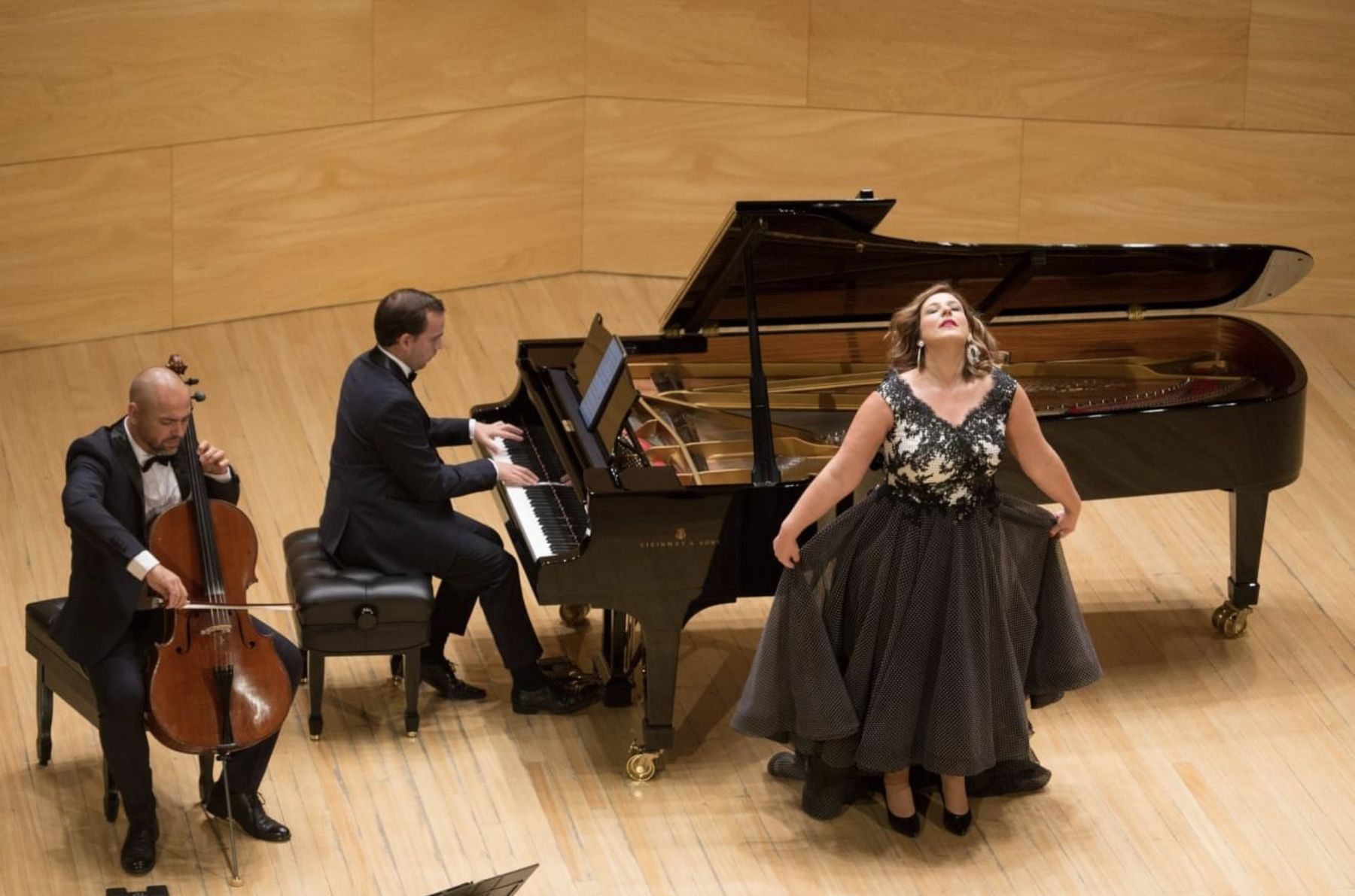 Plaerdemavida Ensemble en concierto: violonchelo, piano y soprano en el escenario